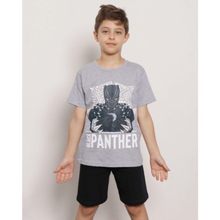 Camiseta Infantil Marvel Pantera Negra Manga Curta Mescla Cinza