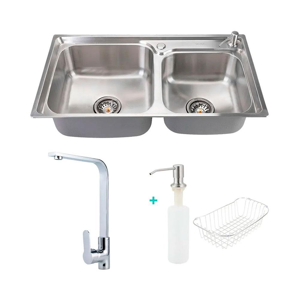 Cuba para cozinha pia dupla com acessórios Potiguara e Torneira misturador monocomando gourmet Tapajós Pingoo