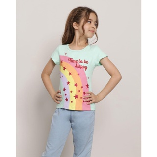 Camiseta Infantil Manga Curta Estampa Arco íris Verde
