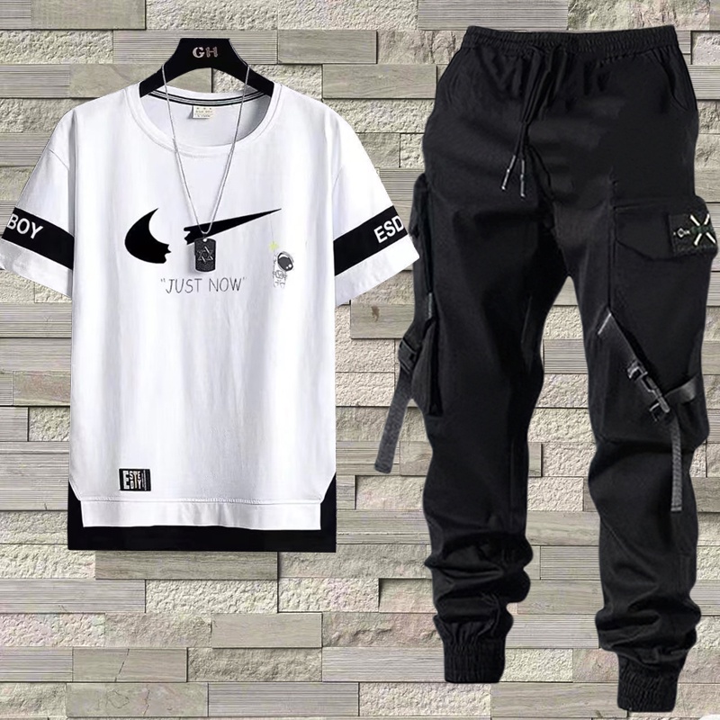 Calça De Carga Masculina Estilo Hip Hop Joggers + Conjunto De Homens Com Camiseta Casual Manga Curta