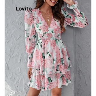 Lovito Casual Vestido Feminino Floral Bata com Babados LBA05046 (Branco)