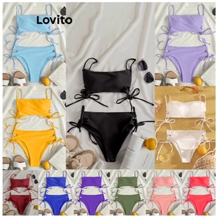 Lovito Sexy Biquíni Feminino Simple com Cordão de Anarrar e Botões LNL36162 (Branco/Vermelho/Verde/Azul/Preto)