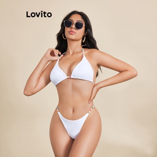Lovito Conjunto de Biquíni 2 em 1 com Amarração Listrada de Arco-Íris para Mulheres LBE03042 (Branco)