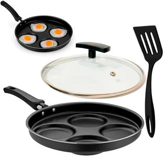 KIT Frigideira preta com Divisórias Ovos Hamburgers Antiaderente 27cm Quadriovos Espátula de alta resistência