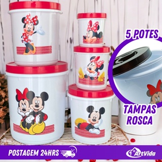 Jogo de Mantimentos Decorado Mickey Minnie Tampa Rosca, Armazenamento Alimentos, Resistente, Durável e Prático, Cores Variadas: Preto, Branco, Vermelho, Transparente, Cozinha -ArtVida