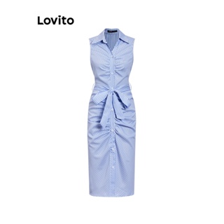 Lovito Casual Vestido Feminino Listrado Franzido com Cinto LBL07073