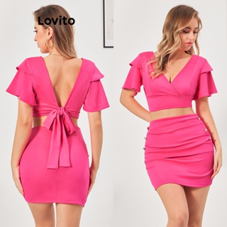 Lovito Casual Conjunto de Saia Feminina Simples com Camada Dupla de Metal LBL07010