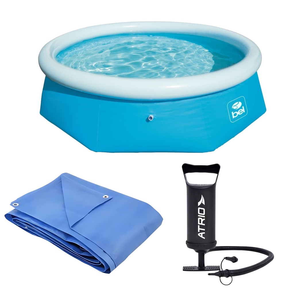 Kit Piscina Inflável Azul 2.700 L capacidade de até 3 Adultos + Lona 3x3 de Cobertura + Bomba de Ar Manual