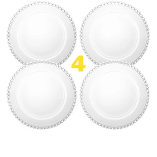 Kit Jogo 4 Pratos Rasos Jantar Almoço Cristal Transparente Coração 28Cm Lyor