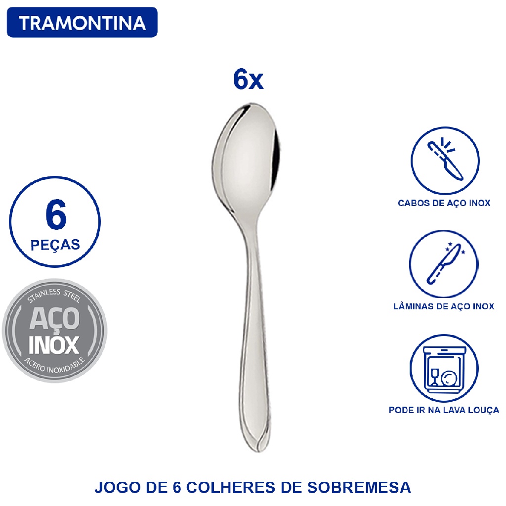 Jogo de Talheres Tramontina Laguna em Aço Inox Colheres de Sobremesa Acabamento em Brilho 6 Peças