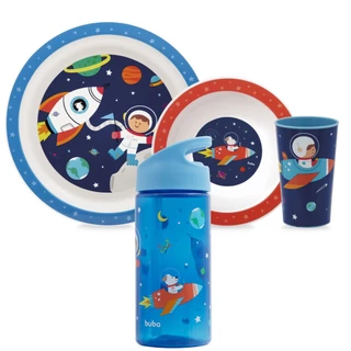 Kit Aventuras Astronauta Prato Tigela Bowl Copo E Garrafinha Buba