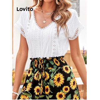 Lovito Camiseta Casual Com Costura Em Tecido Bordado Com Ilhós Simples Para Mulheres LNE31125 (Branco)