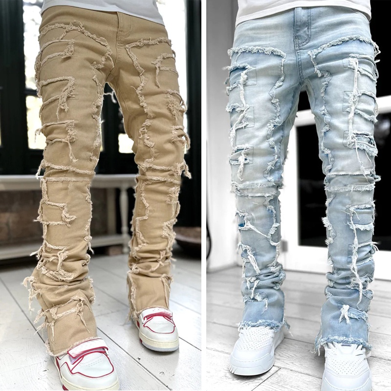 Calças Masculinas Casuais New Fashion Bordado Patchwork Brown Baggy Men De Ganga Y2K De Algodão Hip Hop Pantalon Homme-In Stock