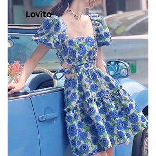 Lovito Vestido com Amarração e Estampa de Flores para Mulheres LNA19216 (Azul)