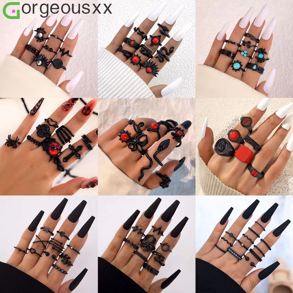 Gótico Fashion Red Eye Cross Conjunto De Anéis Pretos Para Mulheres Goth Style Spider Skull Hand Snake Rings Party Jóias Presentes