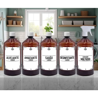 Kit Lavanderia 5 Frascos Plástico Pet Âmbar 1 Litro | Sabão Amaciante Alvejante Desinfetante Liquido | Organizada Minimalista