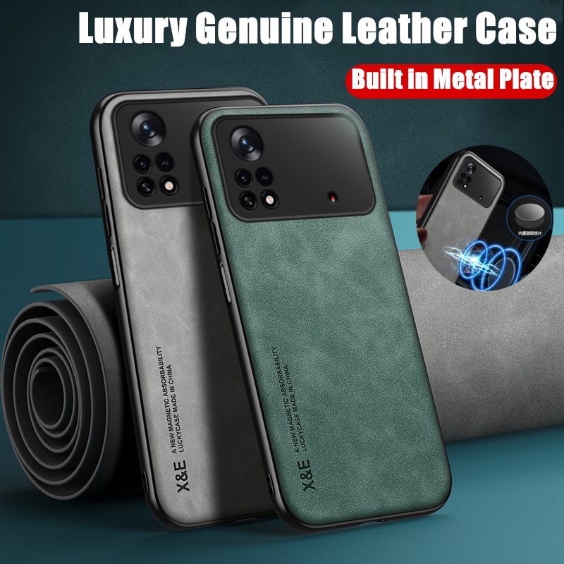 Para Xiaomi Poco X4 Pro 5G Slim Minimalista De Couro De Cordeiro Genuíno Com Capa De Metal Embutida