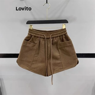 Lovito Casual Shorts Feminino Liso com Cordão e Bolso LNA30226 (Café)