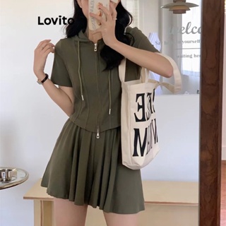 Lovito Conjuntos Casuais De Shorts Lisos Com Zíper Para Mulheres LNA24156 (Verde)