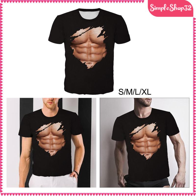 3d realista músculos no peito impresso t-shirts homens casual de