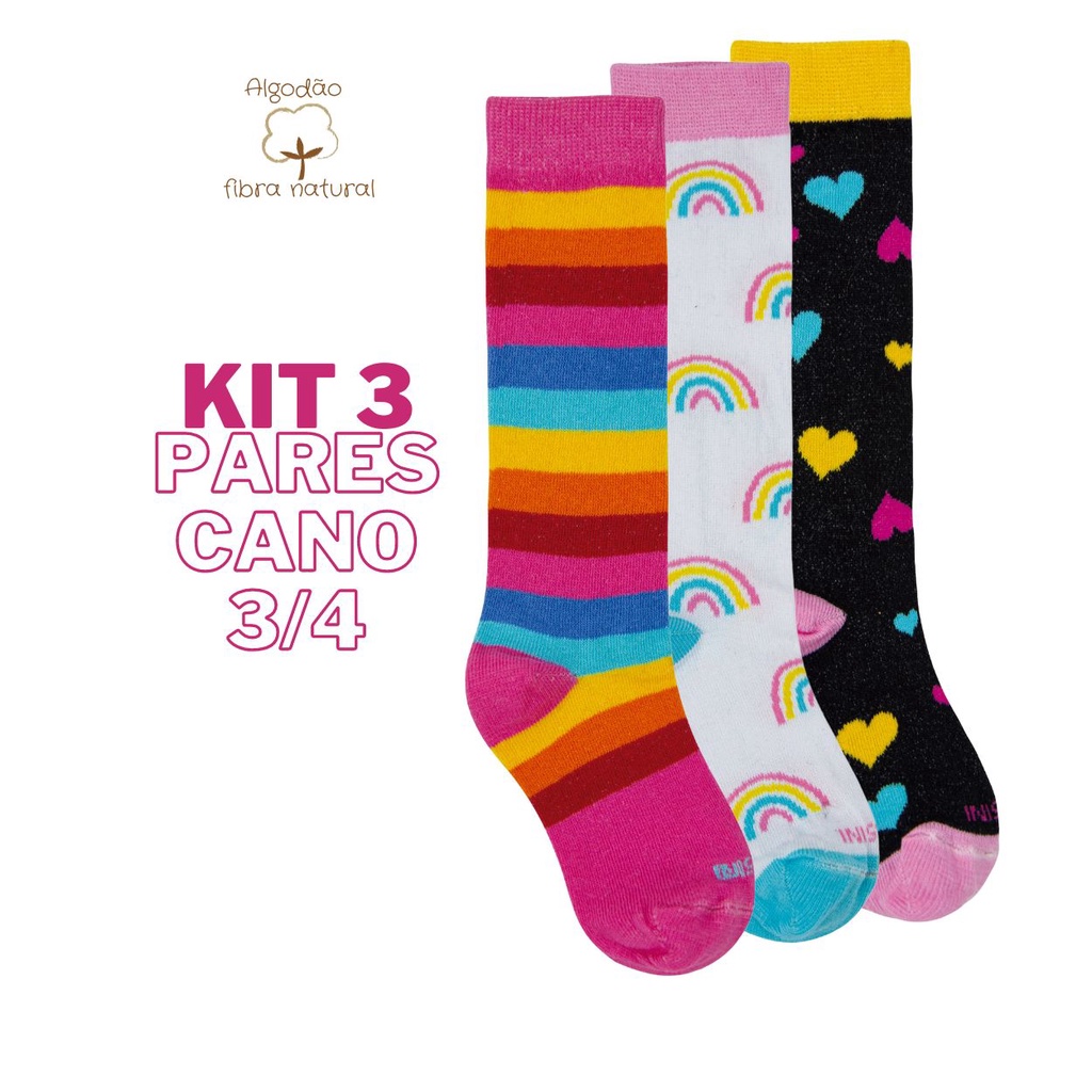 Kit 3 Meia 3/4 Infantil Desenhada Colorida