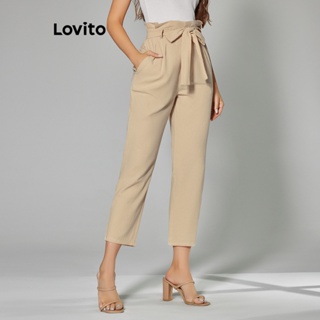 Lovito Calça Casual Lisa com Cinto e Barra Babado para Mulheres LBL05196 (Cáqui Claro)