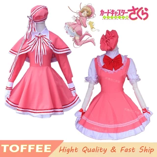Anime Card Captor Sakura Cosplay Traje Para Mulher Vestido Rosa Branco Menina Com Peruca Kinomoto Conjunto De Roupas