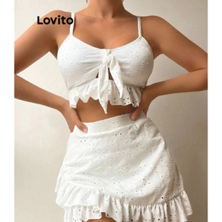 Lovito Conjunto De Biquíni Casual Liso Com Cadarço Para Mulheres LNE31113 (Branco Preto)