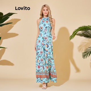 Lovito Macacão Boho Tropical com Babados para Mulheres LBL06016 (Azul)