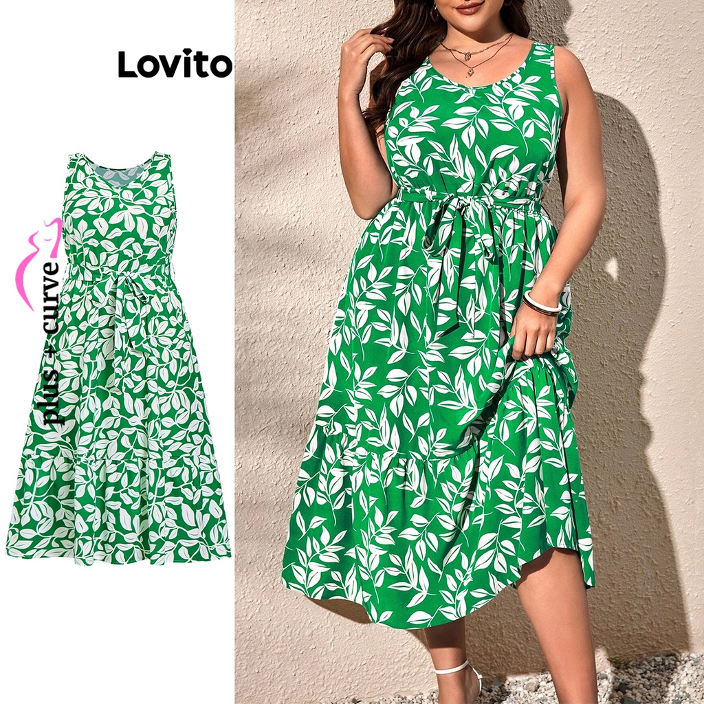 Lovito Vestido Boho Tropical Com Franzidos E Cinto De Tamanho Grande