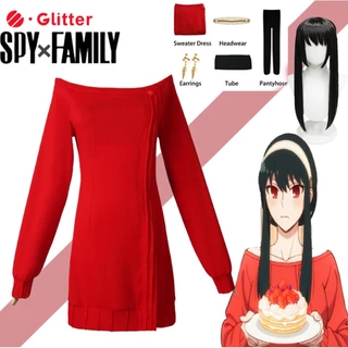 Anime Spy X Family Yor Forger Cosplay Costume Mulher Casual Sexy Vermelho Longo Vestido De Malha Sweater Peruca Cabelo Brincos Acessórios Princesa Roupas De Festa De Carnaval