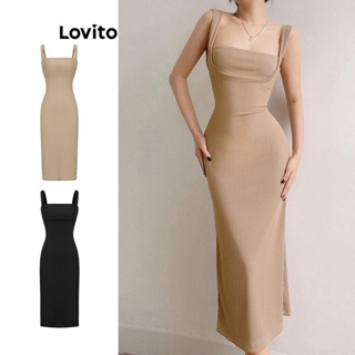 Lovito Vestido Simples com Decote nas Costas para Mulheres LNE16136 (Cáqui)