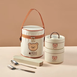 MODUS Urso 400ml+600ml Infantil Marmita Lancheira Térmica Pote Com Bolsa e Forro de Aço Inoxidável 304
