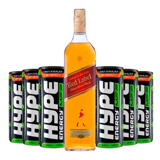 Kit Whisky Importado 8 Anos Johnnie Walker Red Label 1L + 06 Energéticos Hype Original Lata 250ml