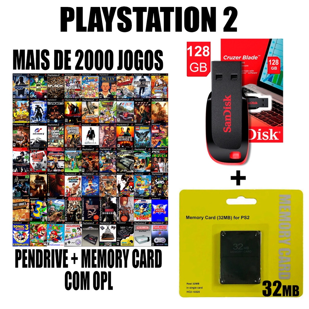 Kit Para Play 2 HD Externo 500GB + Memory Card com OPL