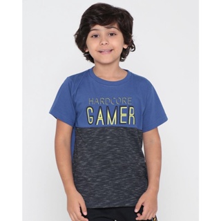 Camiseta Infantil Com Recorte Flamê Estampa Game Azul Escuro