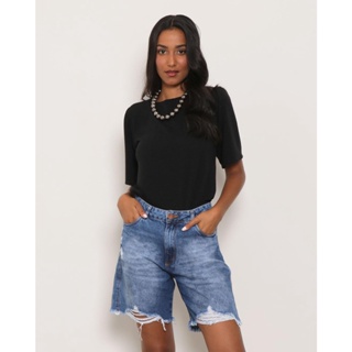Blusa Feminina Manga 3/4 Malha Texturizada Preta