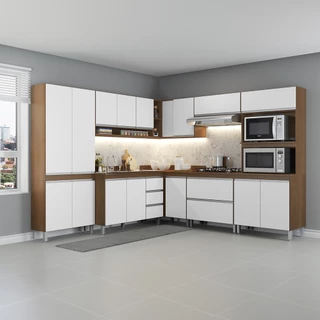 Cozinha Completa de Canto Modulada Sabrina 252/254x202 Cm 8 Peças MDP Branco MENU