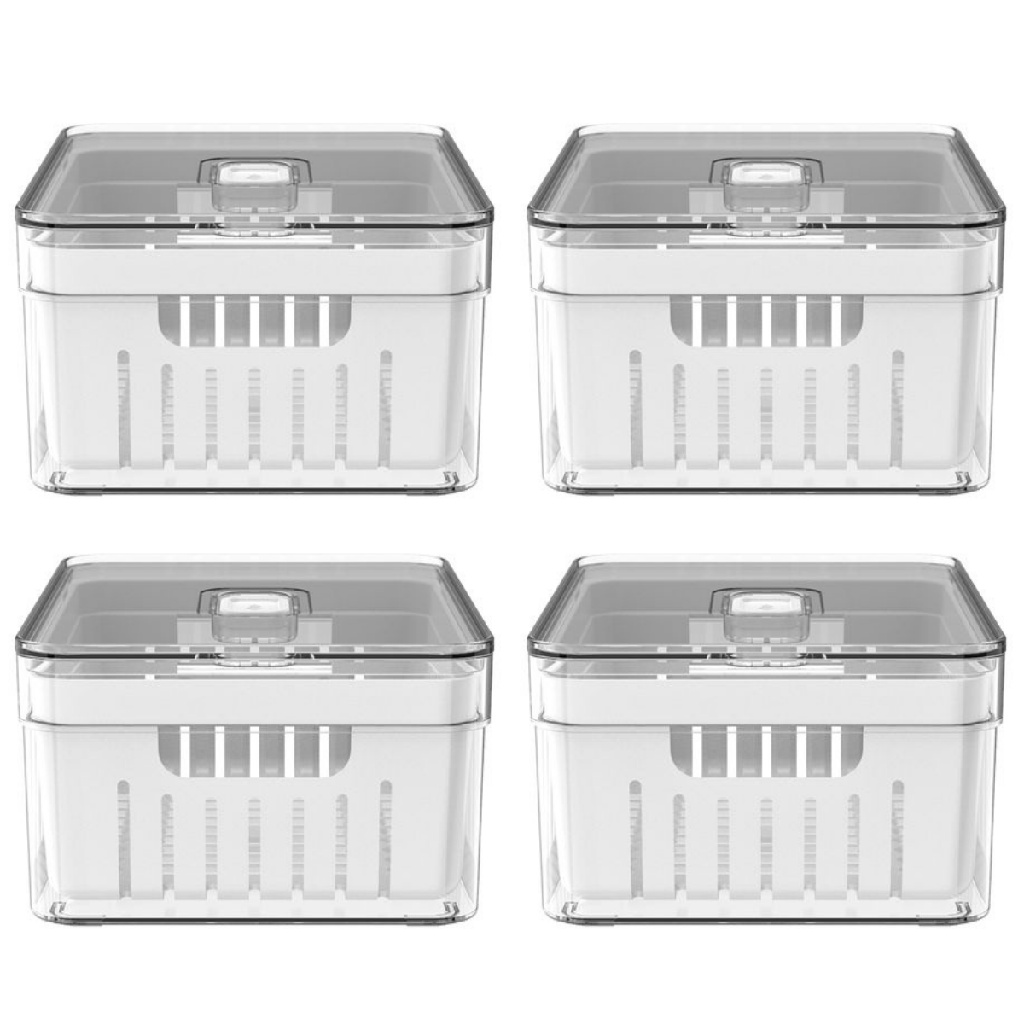 Kit 4 Organizadores Geladeira Acrílico Com Tampa Cesto Drenagem Clear Fresh 2,2L Alimentos Vegetais OU