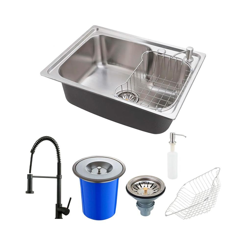 Cuba para Cozinha Aço Inox com Lixeira e Acessórios Matis e Torneira Monocomando Envira Pingoo - Preto