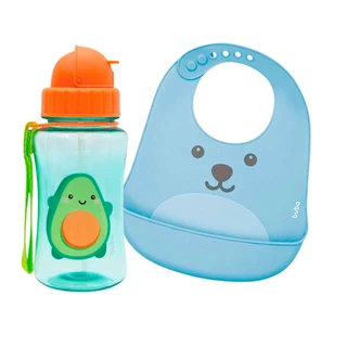 Conjunto com Garrafinha Abacate Feliz Fruitt 350ml Com Babador de Silicone Pega Migalhas Azul Buba