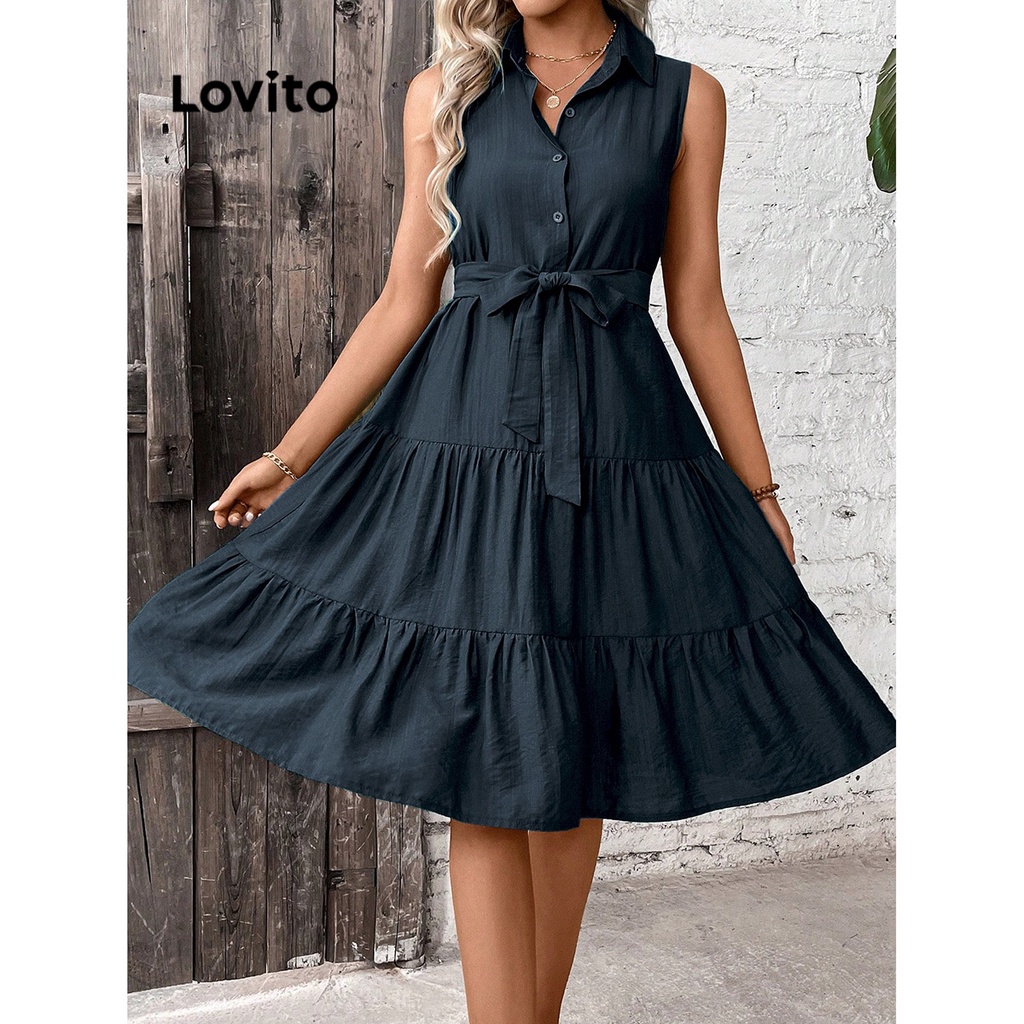 Lovito Vestido Casual Liso Com Botões De Renda Para Mulheres LBE04148 (Azul-Marinho)