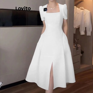 Lovito Vestido Simples com Divisão na Frente e Decote Quadrado para Mulheres LNE17122 (Branca)