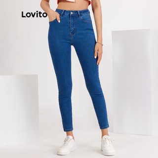 Lovito Jeans Casual Liso com Espetos e Bolso L20DD01(Azul Escuro)