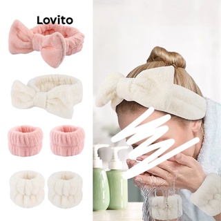Lovito Conjunto Casual De Três Peças Com Laço Liso Lavagem Facial Absorção De Água Coral Lã Faixa De Cabeça Para Spa Para Mulheres LFA11510
