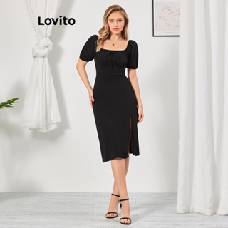 Lovito Elegante Vestido Feminino Simples com Fenda Frontal PLissado LBL07103