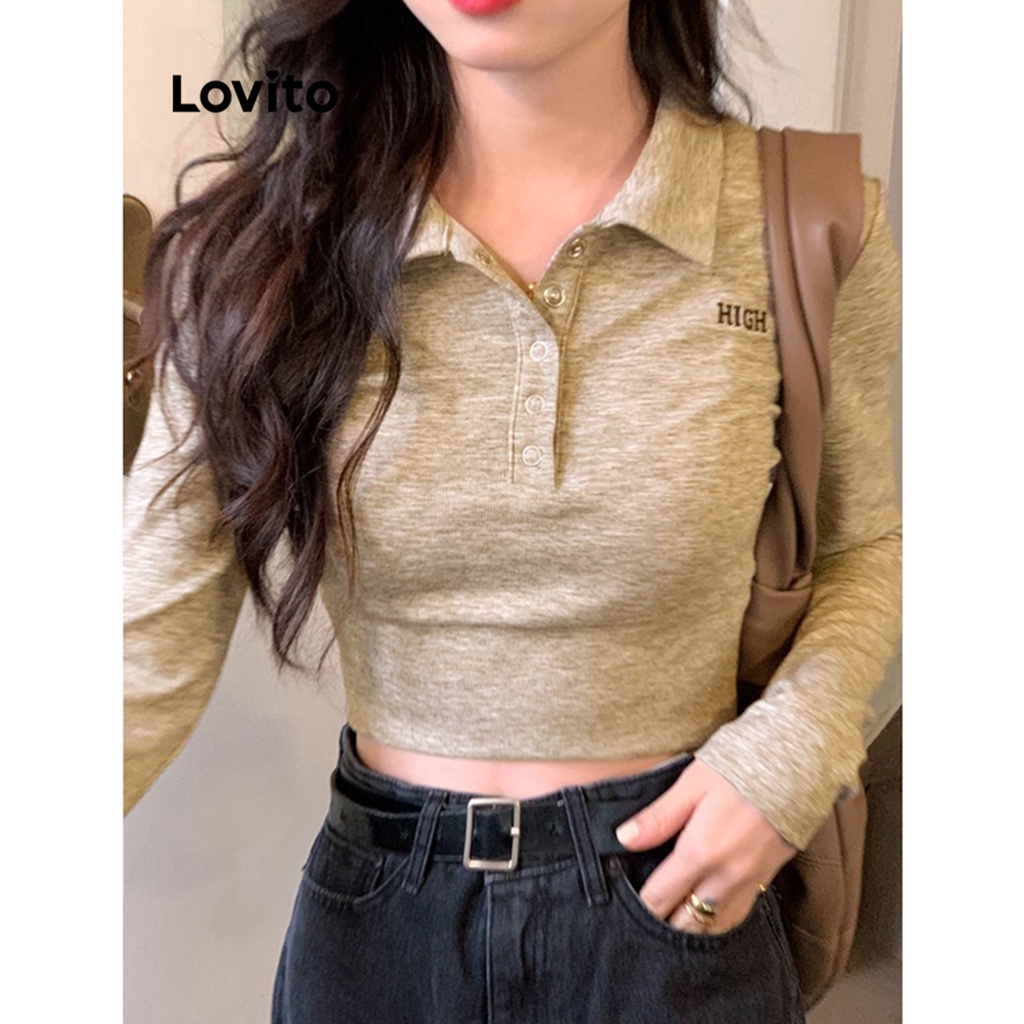 Lovito Casual Camiseta com Letras Simples para Mulheres LNE21109 (Camelo)