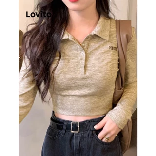 Lovito Casual Camiseta com Letras Simples para Mulheres LNE21109 (Camelo)