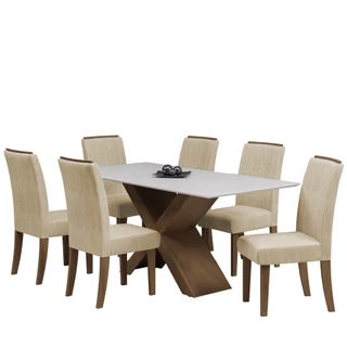 Conjunto de Mesa Sala de Jantar Tampo Com Vidro Grécia 6 Cadeiras Off White / Bege / Cedro 1,80m Dob
