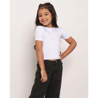 Blusa Infantil Manga Curta Bufante Strass Branco
